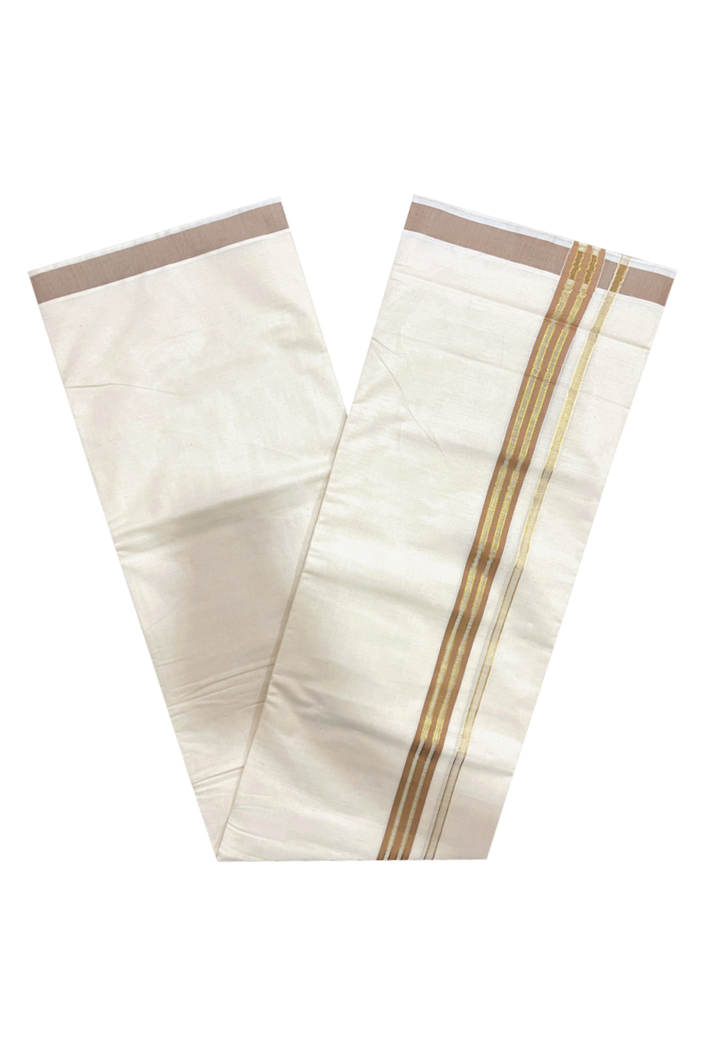 Pure Cotton Off White Double Mundu with Brown and Kasavu Kara (South Indian Dhoti)