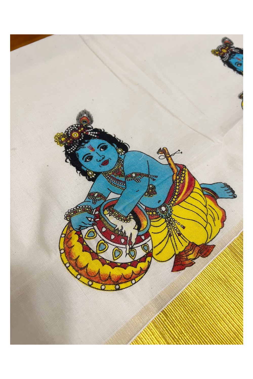 Pure Cotton Kasavu Set Mundu (Mundum Neriyathum) with Baby Krishna Mural Prints on Border 2.80 Mtrs