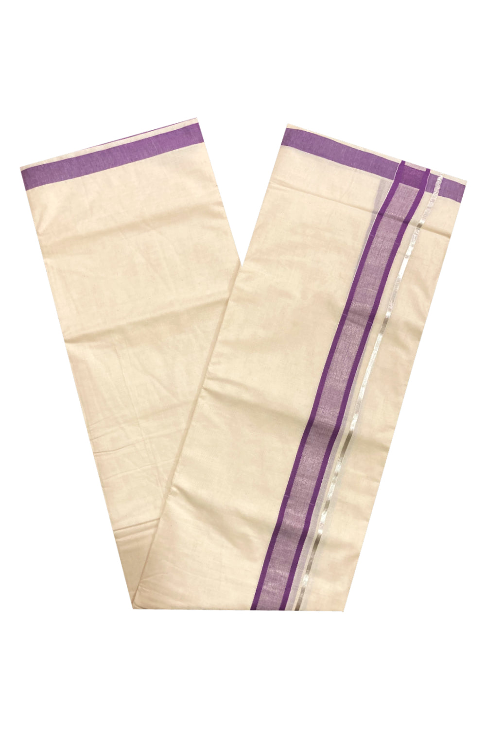 Off White Pure Cotton Double Mundu with SIlver Kasavu and Violet Border (South Indian Kerala Dhoti)