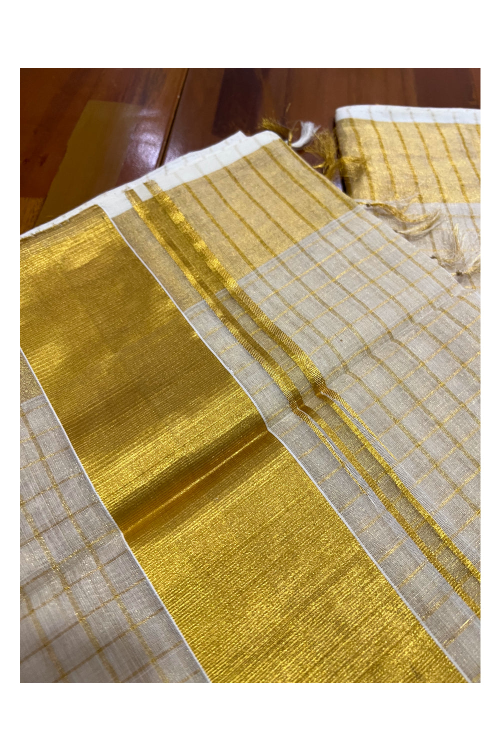 Southloom Premium Handloom Tissue Saree with Kasavu Check Design across Body