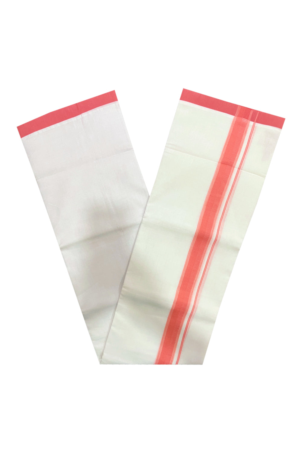 Pure White Cotton Double Mundu with Peach Border (South Indian Kerala Dhoti)