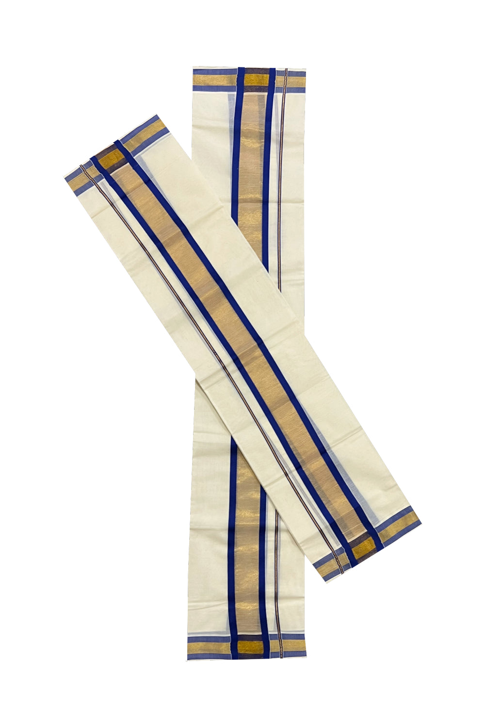 Kerala Cotton Set Mundu (Mundum Neriyathum) with Kasavu and Dark Blue Border