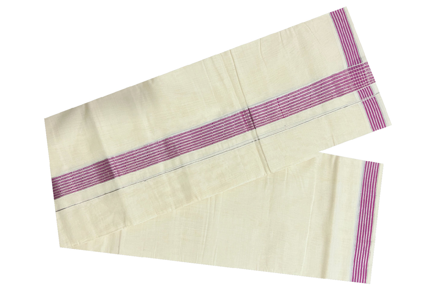 Southloom Kuthampully Handloom Pure Cotton Mundu with Silver Kasavu and Magenta Border (South Indian Dhoti)