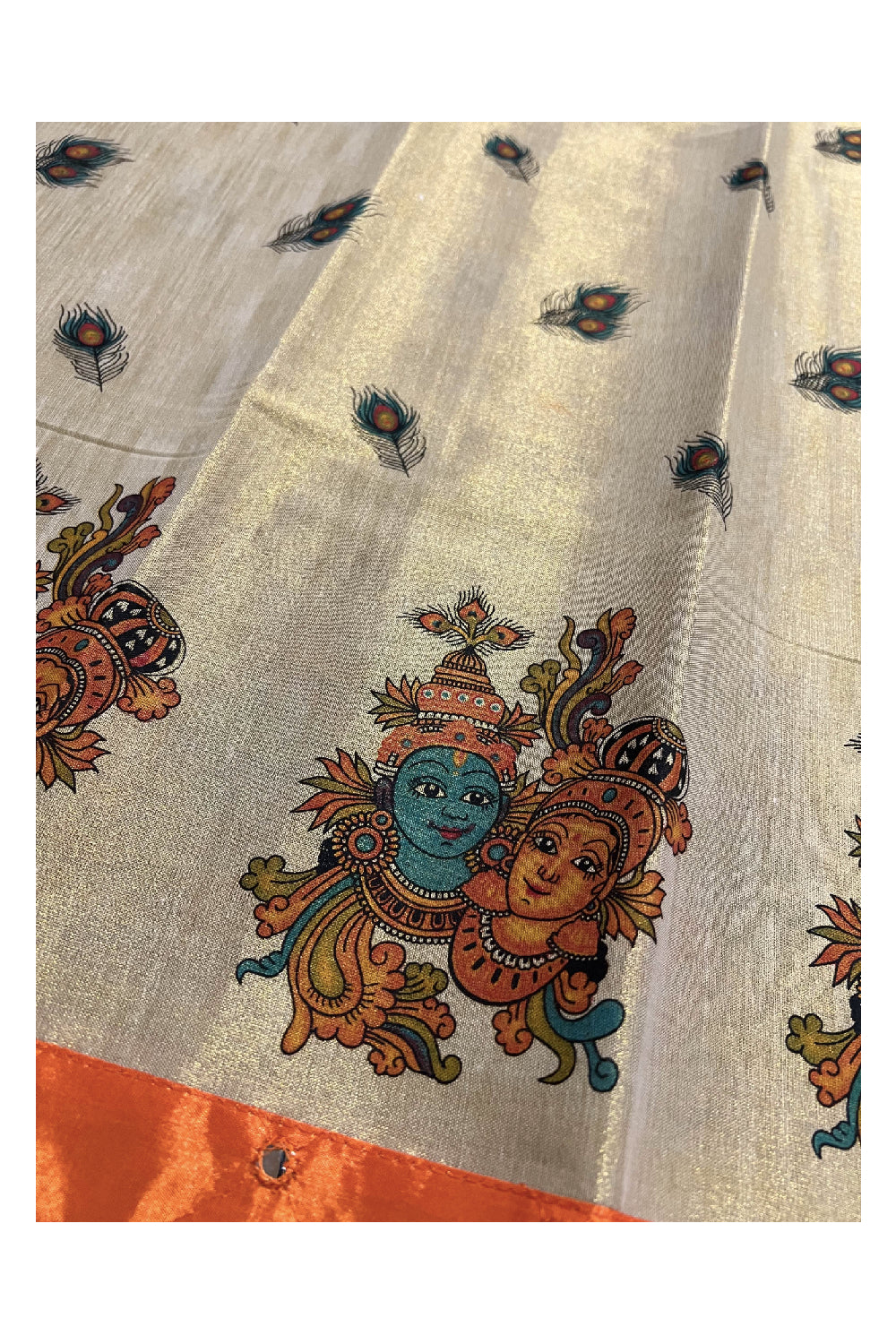 Kerala Tissue Mural Printed Pavada and Orange Blouse Material for Kids/Girls 4.3 Meters