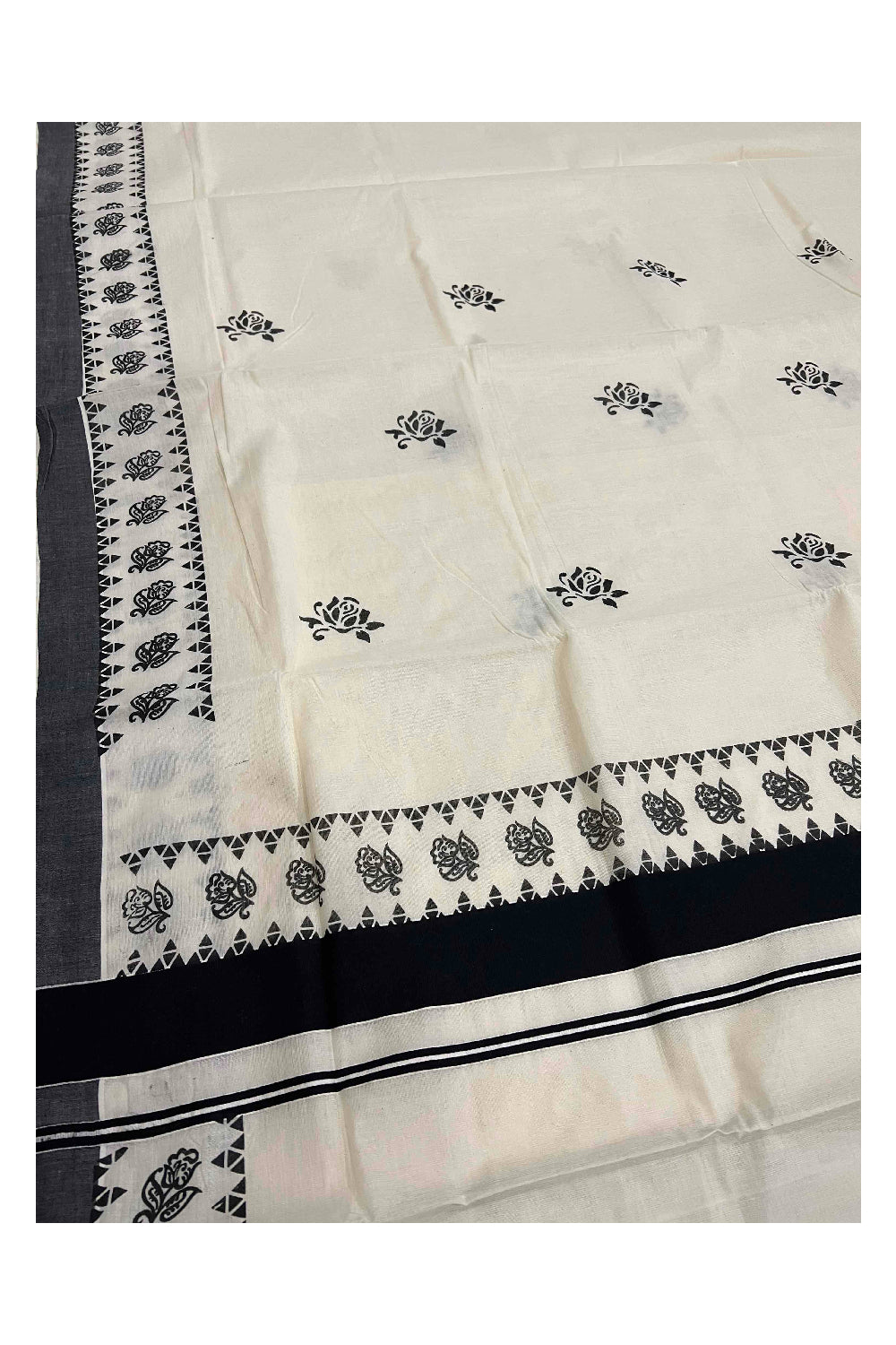 Pure Cotton Kerala Saree with Black Floral Block Printed Border