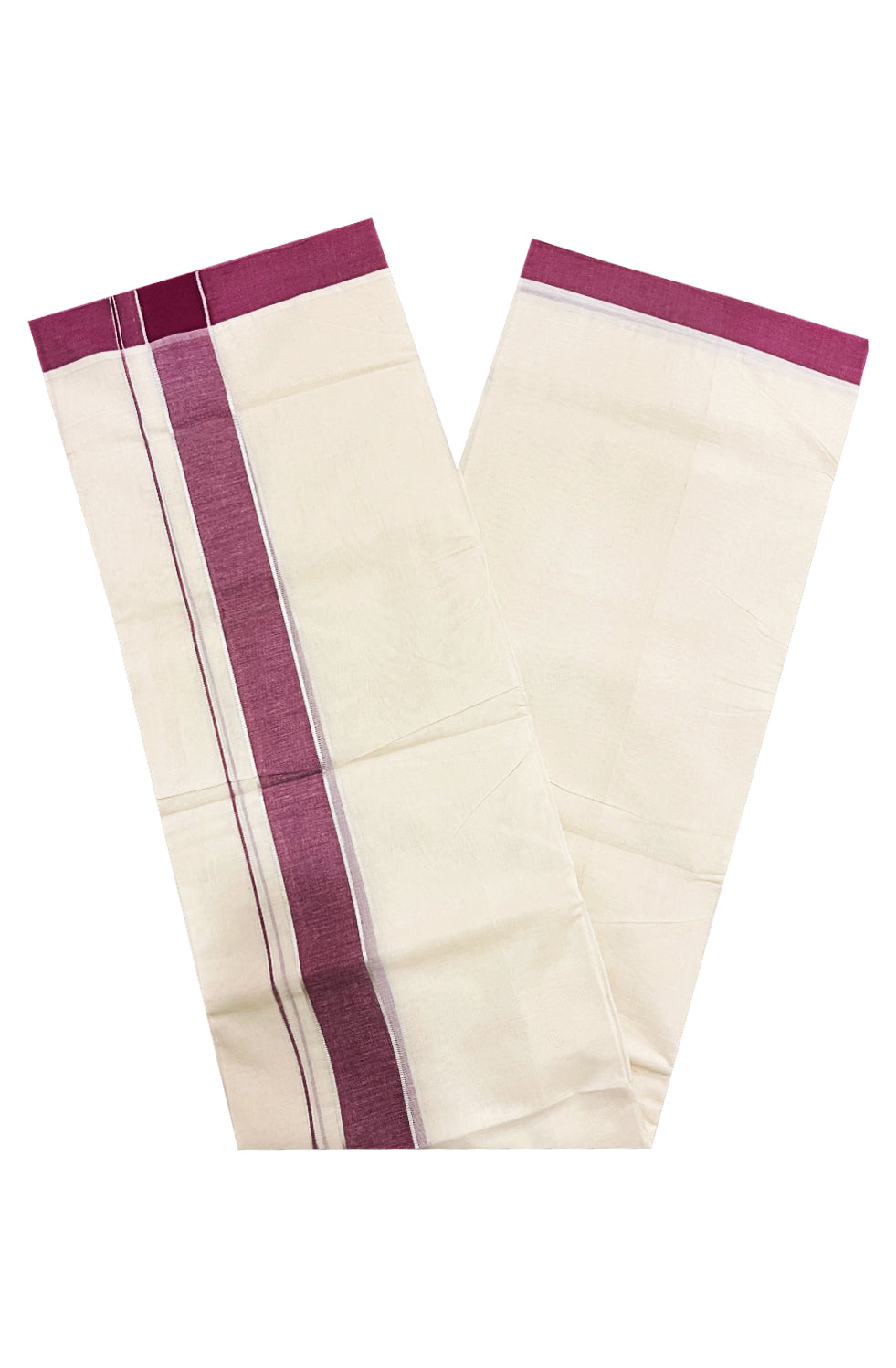 Pure Cotton Off White 100x100 Double Mundu with Silver Kasavu and Maroon Border (South Indian Kerala Dhoti)