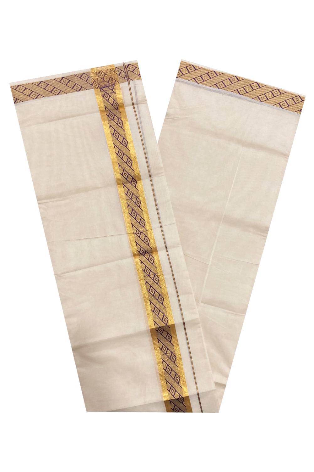 Off White Kerala Double Mundu with Kasavu and Violet Woven Border (South Indian Dhoti)