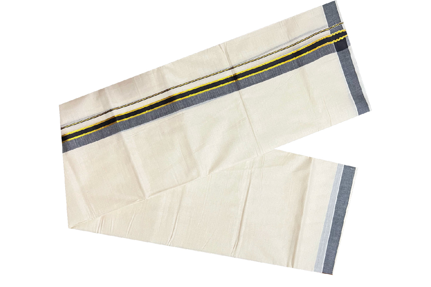 Off White Pure Cotton Double Mundu with Kasavu and Black Kara (South Indian Dhoti)