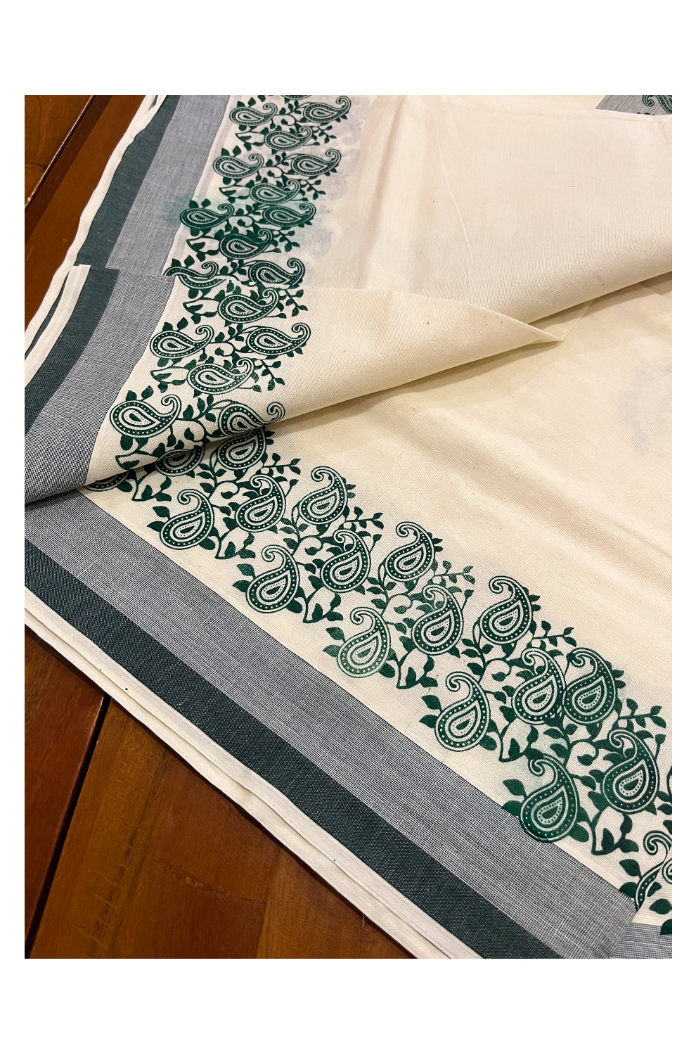 Pure Cotton Off White Kerala Saree with Green Paisley Block Prints on Border