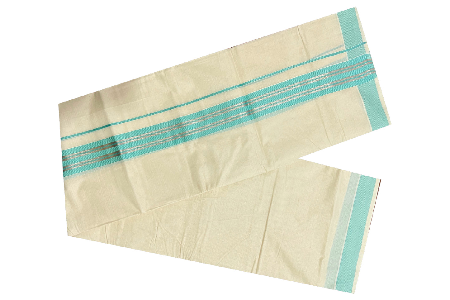 Off White Kerala Double Mundu with Silver Kasavu and Turquoise Line Border (South Indian Dhoti)