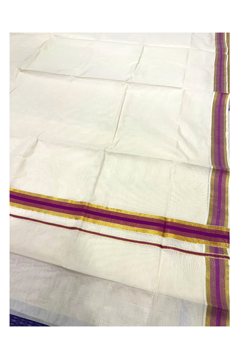 Pure Cotton Kerala Saree with Kasavu and Magenta 2 inch Border