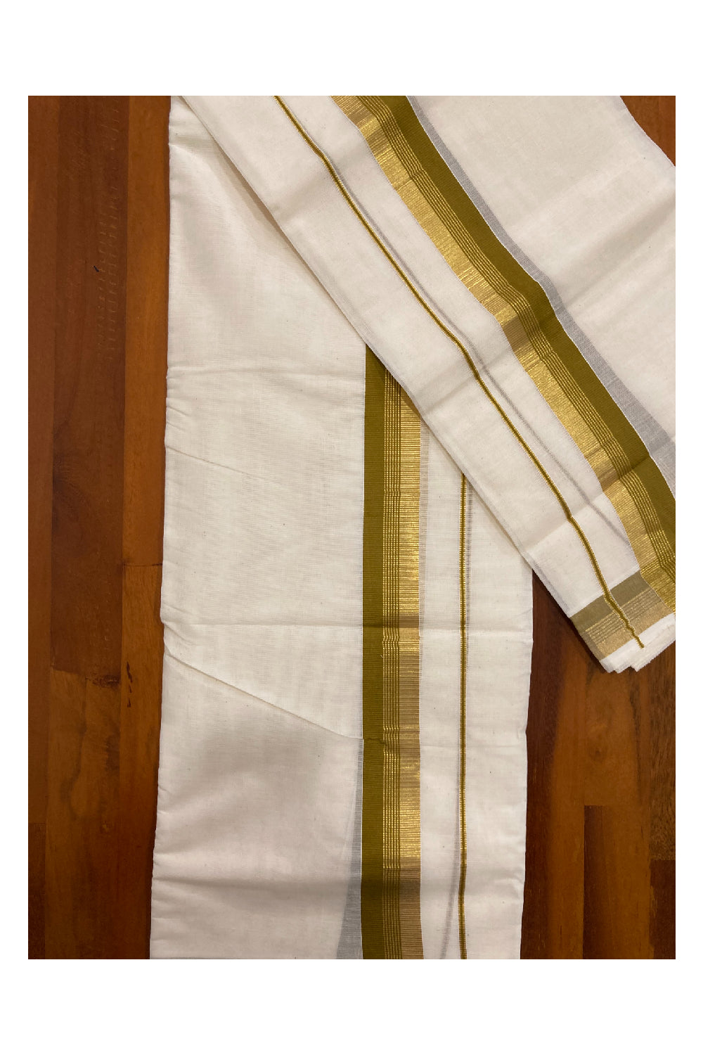 Kerala Cotton Mundum Neriyathum Double (Set Mundu) with Olive Green and Kasavu Border