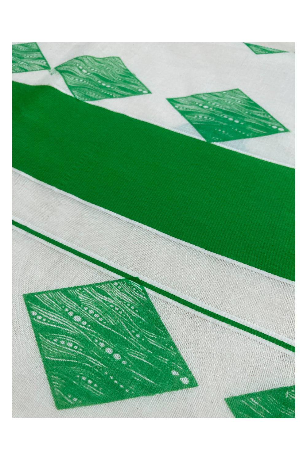 Pure Cotton Kerala Saree with Light Green Block Printed Design