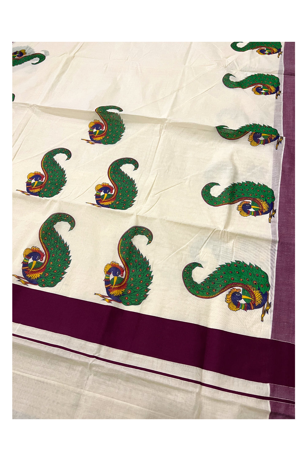 Kerala Pure Cotton Purple Border Saree with Peacock Mural Printed Design