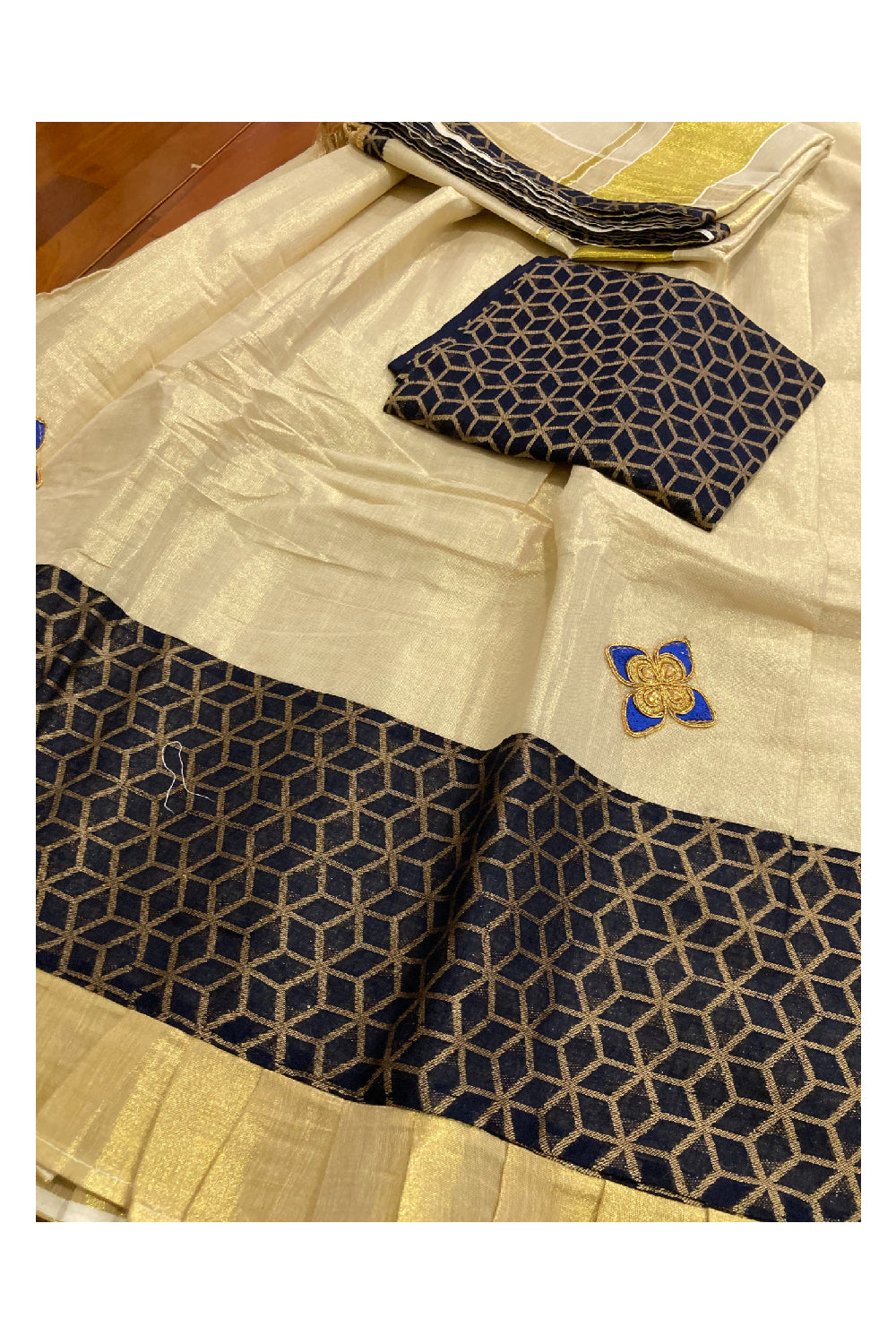 Kerala Tissue Stitched Dhavani Set with Blouse Piece and Neriyathu in with Dark Blue Accents