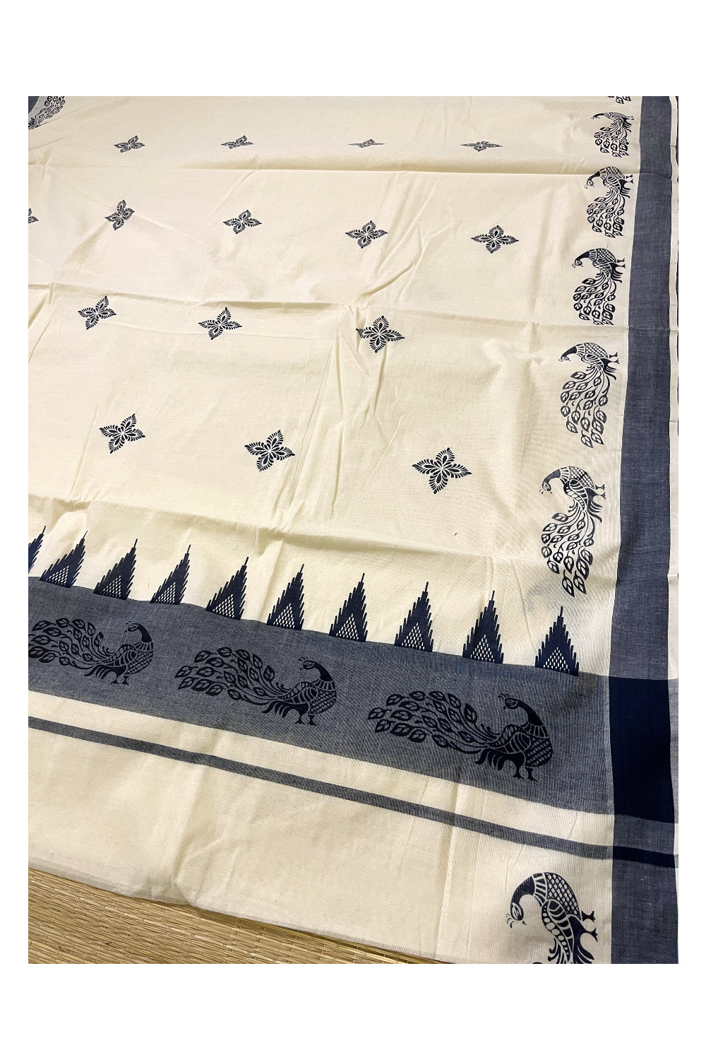 Pure Cotton Kerala Saree with Blue Peacock Temple Block Printed Border (Onam Saree 2023)