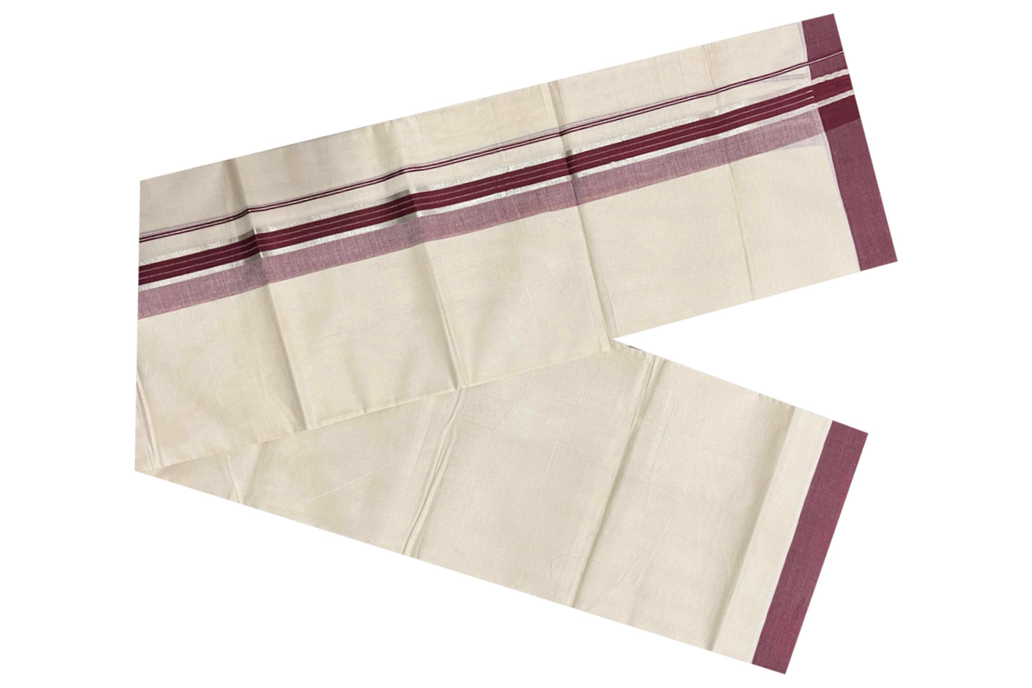 Off White Kerala Double Mundu with Silver Kasavu and Maroon Border (South Indian Dhoti)