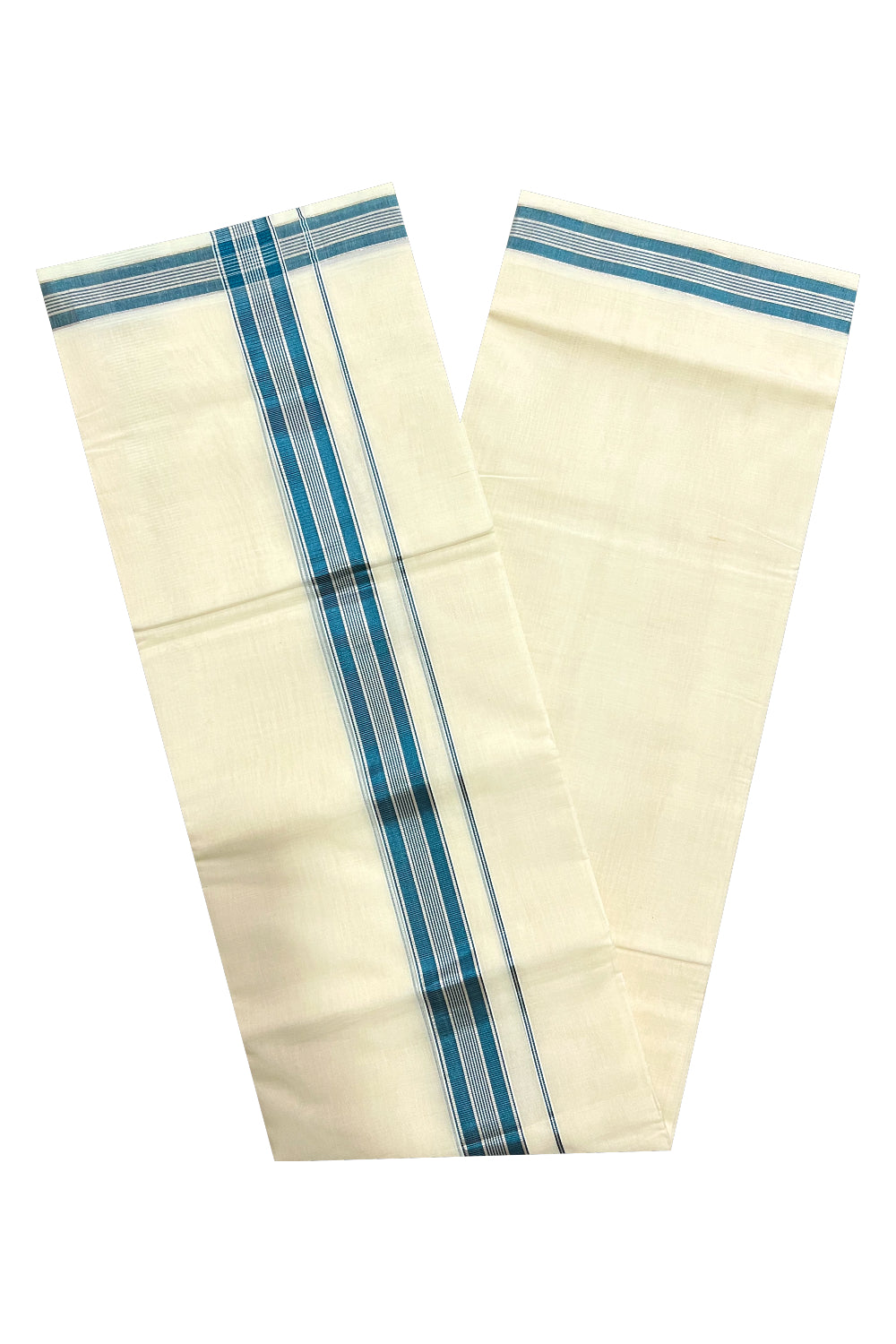 Southloom Premium Handloom Pure Cotton Mundu with Silver and Blue Kasavu Designer Border (South Indian Dhoti)