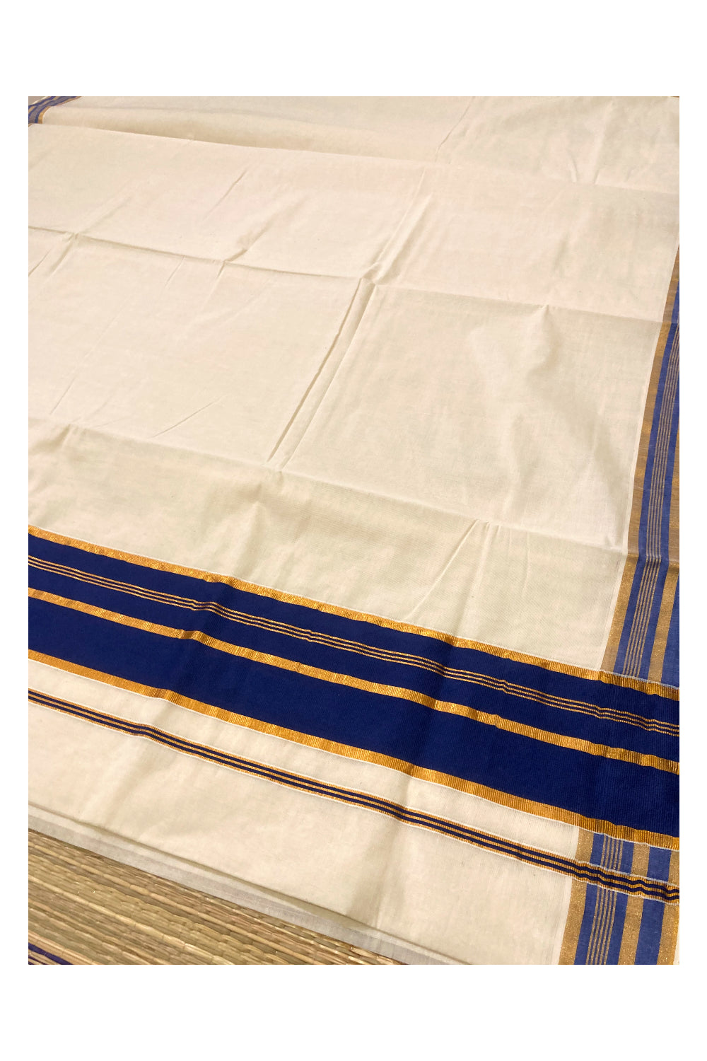 Kerala Pure Cotton Plain Saree with Kasavu and Blue Border