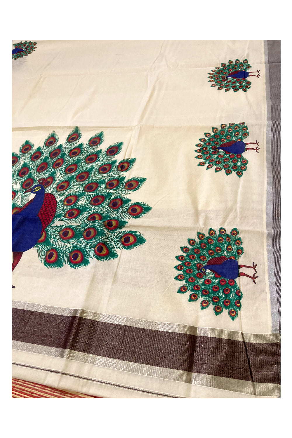 Pure Cotton Kerala Saree with Peacock Mural Prints and Silver Brown Border