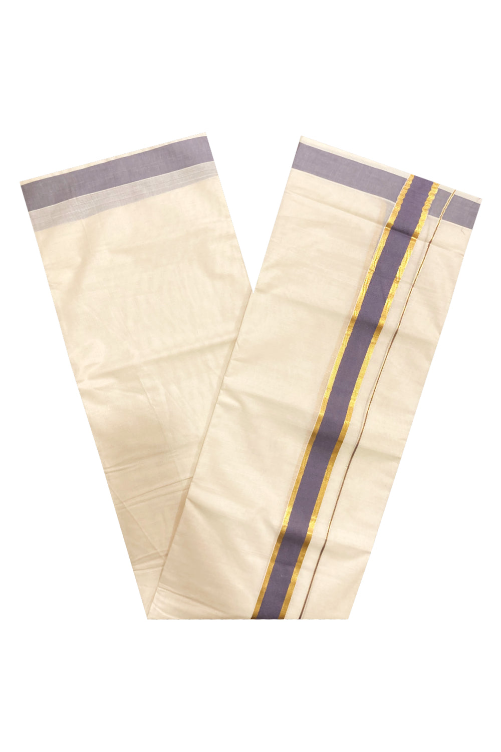 Pure Cotton Double Mundu with Grey and Kasavu Border (South Indian Dhoti)