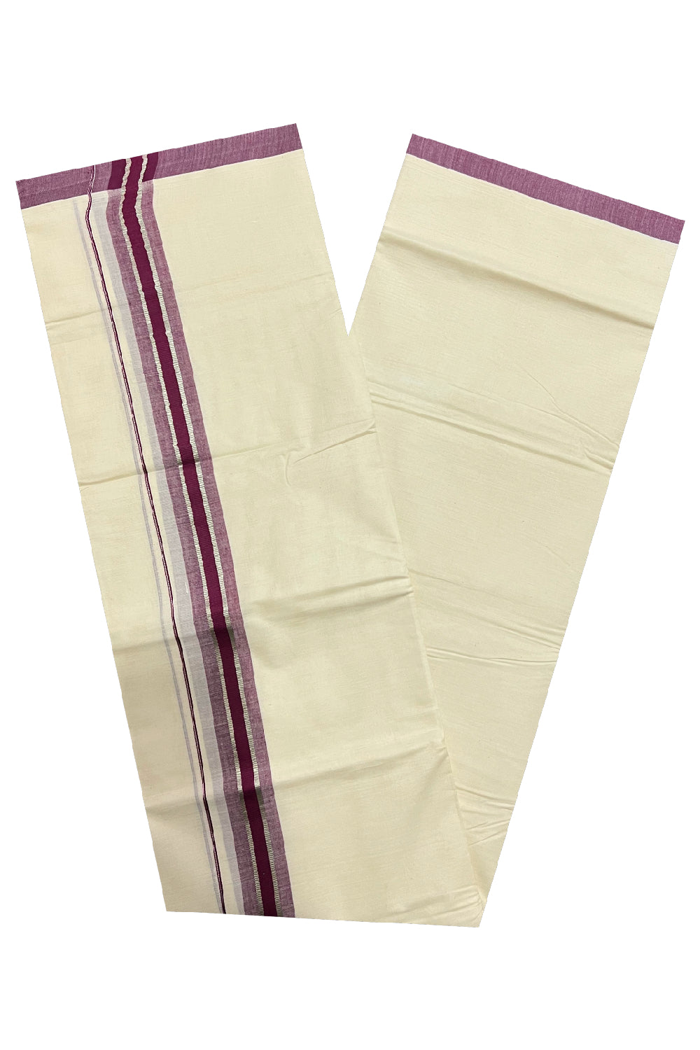 Pure Cotton Off White Double Mundu with Silver Kasavu and Maroon Border (South Indian Dhoti)