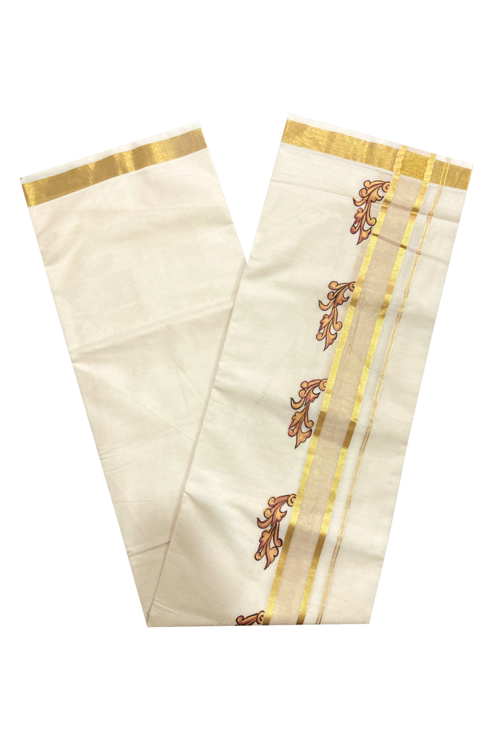 Off White Pure Cotton Double Mundu with Mural Prints on Kasavu Kara (South Indian Dhoti)