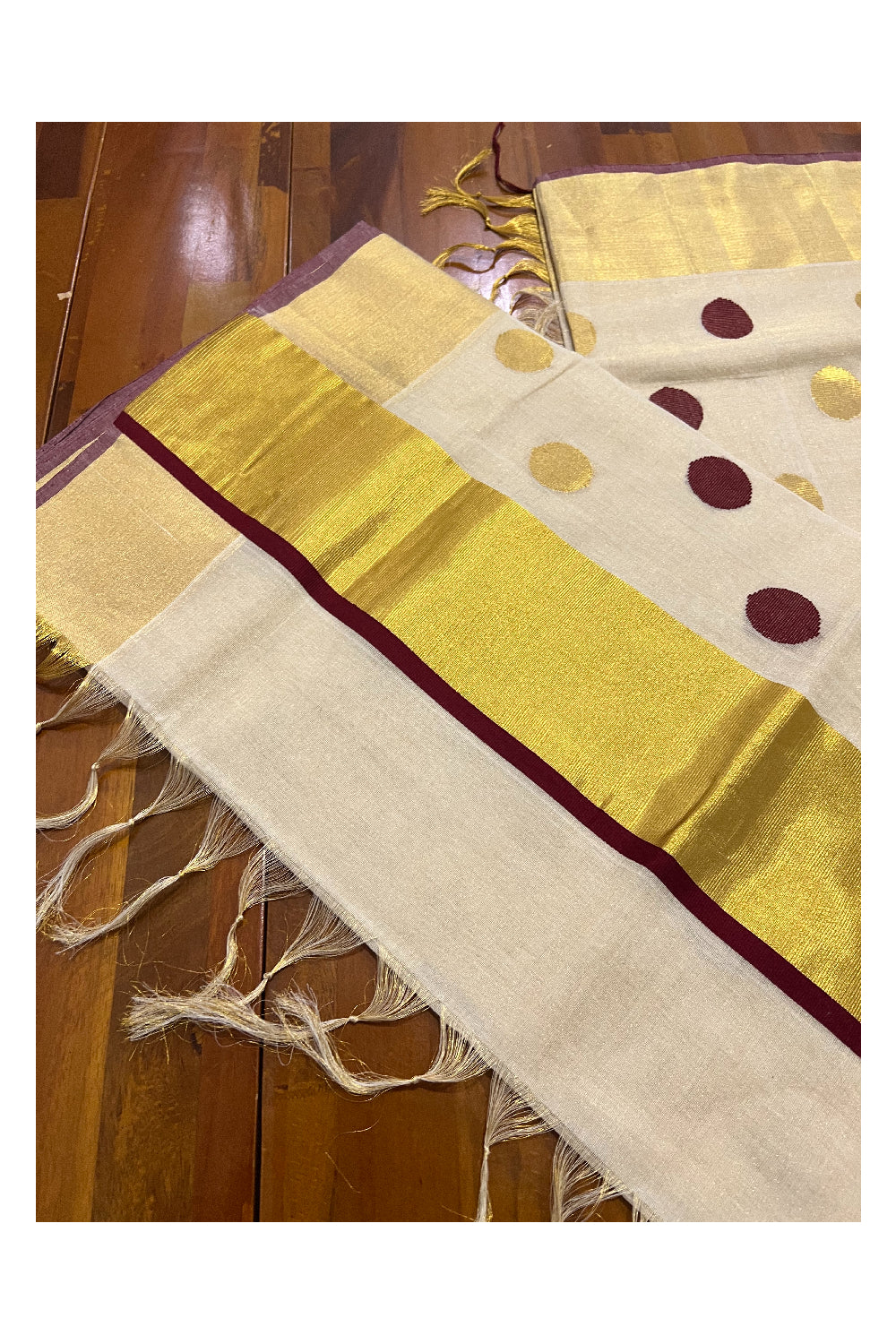 Southloom Premium Handloom Tissue Kasavu and Maroon Polka Work Saree