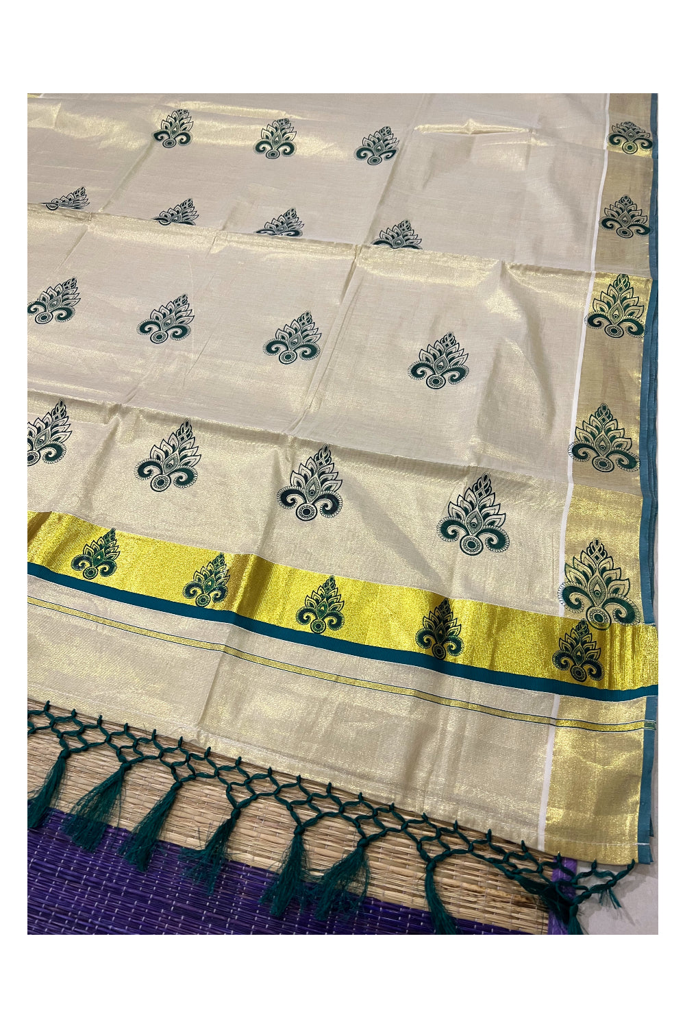 Kerala Tissue Kasavu Saree with Green Block Printed Design and Tassels Work on Pallu