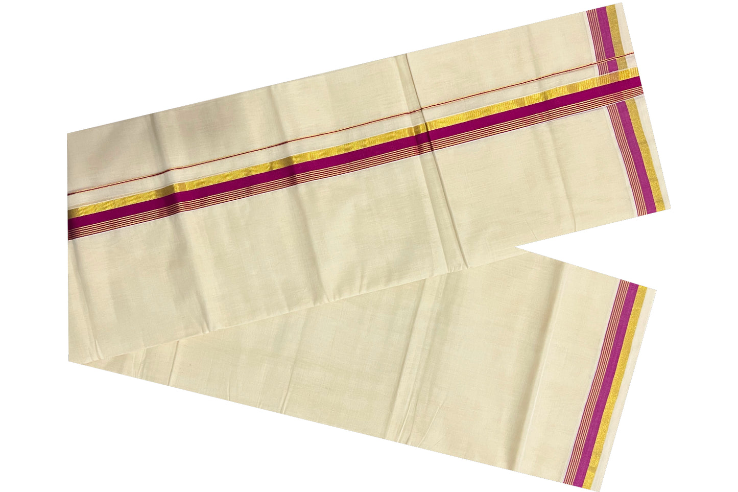 Southloom Premium Handloom Pure Cotton Mundu with Magenta and Kasavu Border (South Indian Dhoti)