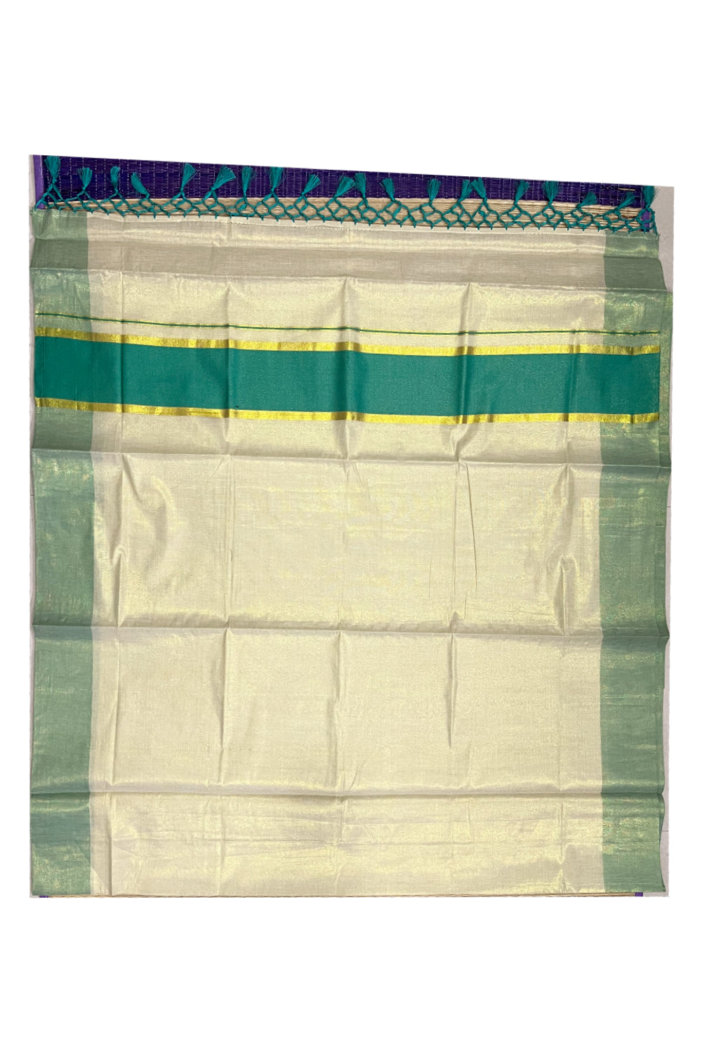 Kerala Kasavu Tissue Plain Saree with Turquoise and Kasavu Border and Tassels Work on Pallu