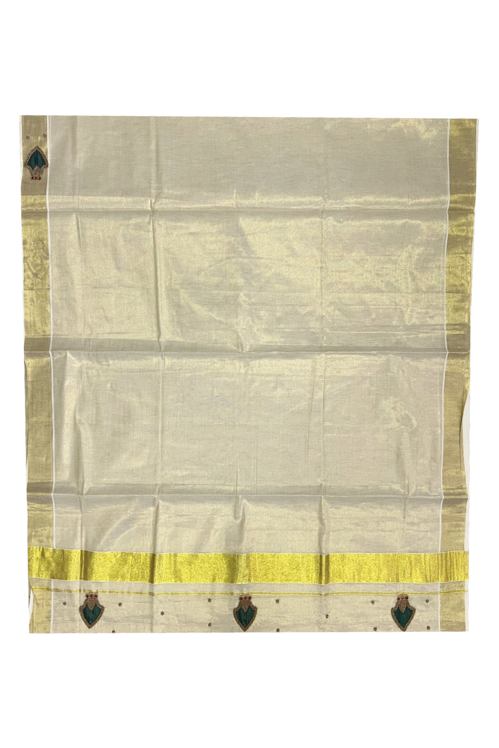 Kerala Tissue Kasavu Saree with Bead Work Design and Green Blouse Piece