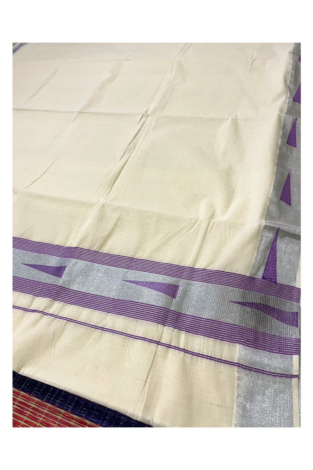 Pure Cotton Kerala Silver Kasavu and Violet Border Saree with Block Prints