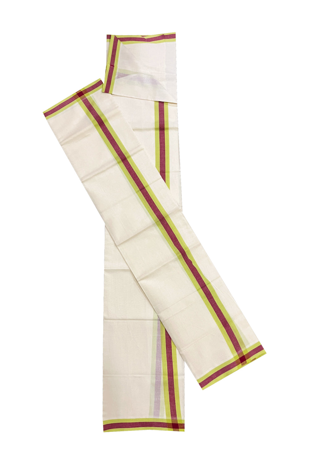 Kerala Cotton Mulloth Mundum Neriyathum Single (Set Mundu) with Green and Red Border (Extra Soft Cotton) 2.80 Mtrs