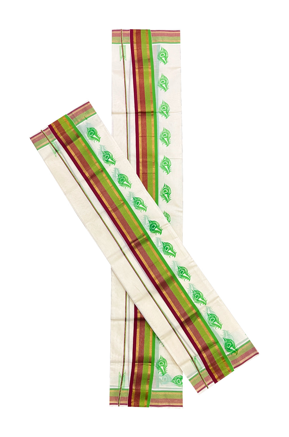 Pure Cotton Kasavu Single Set Mundu (Mundum Neriyathum Vishu 2023) with Green Feather Block Prints and Maroon Green Border