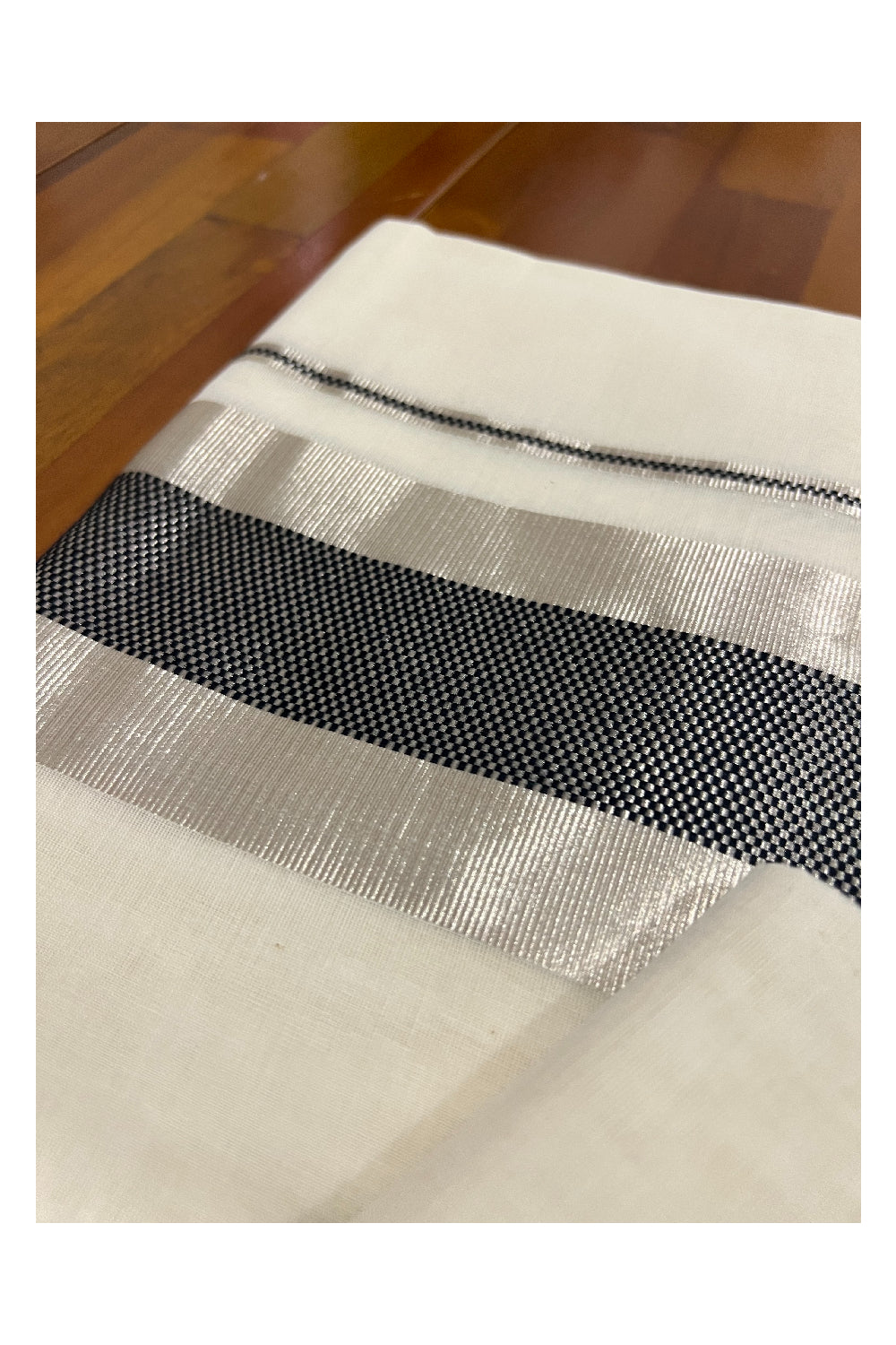 Southloom Premium Handloom Set Mundu with Silver Kasavu and Black Design Border 2.80 Mtrs