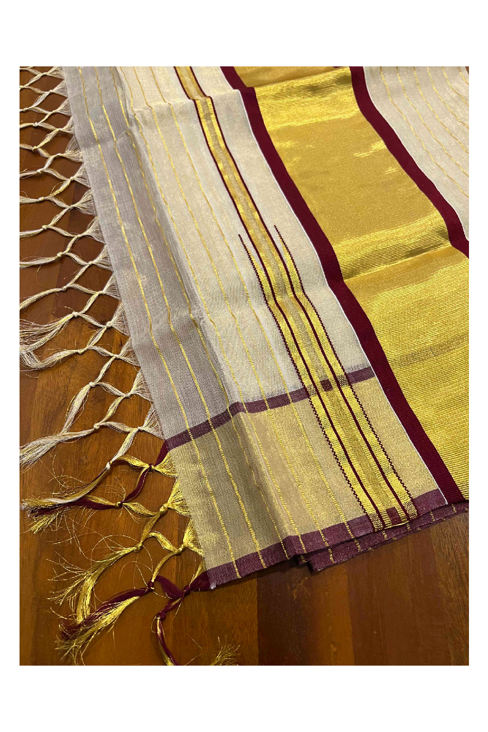 Southloom Premium Kuthampully Handloom Stripes Work Tissue Saree with Maroon Border