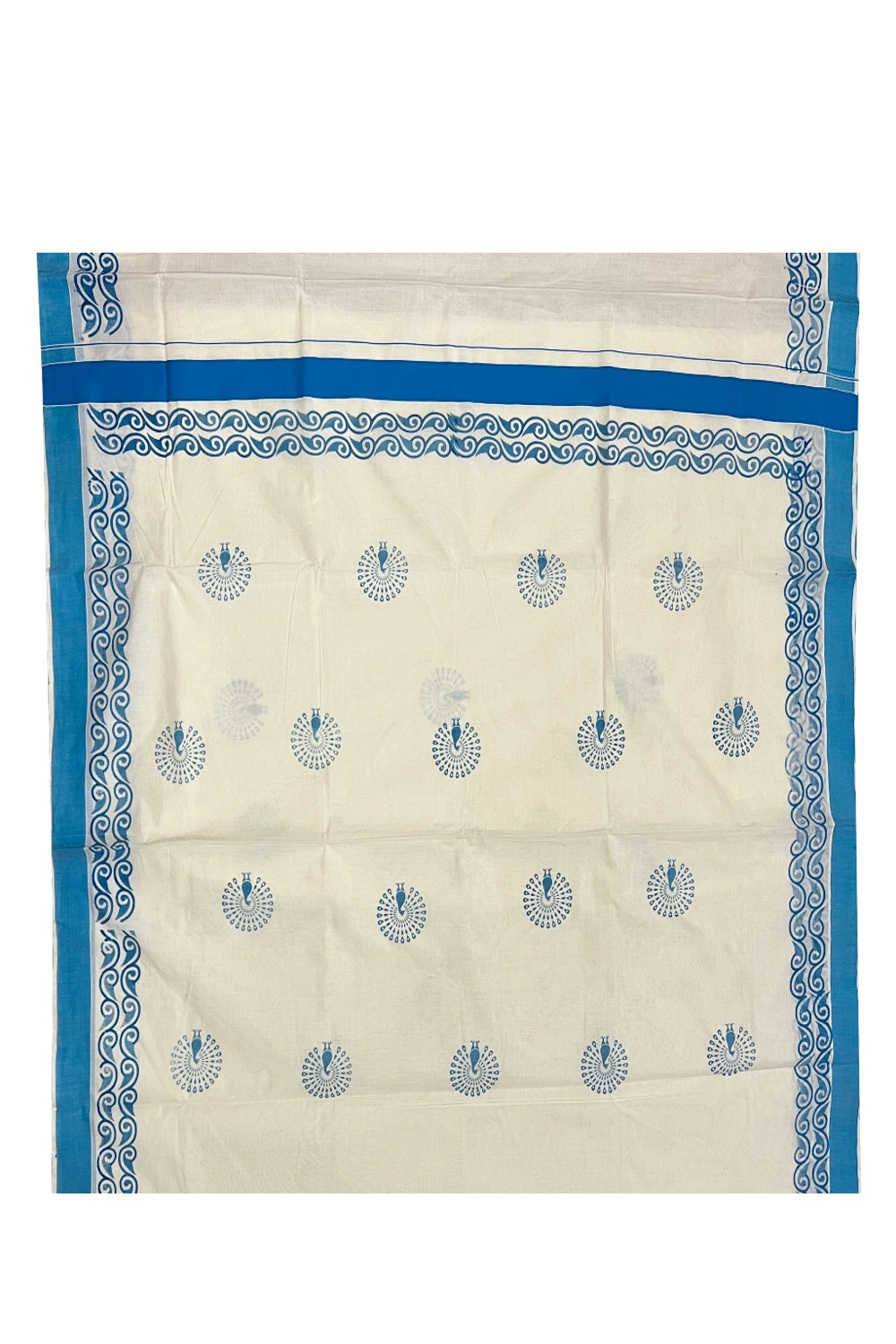 Pure Cotton Kerala Saree with Light Blue Peacock Block Printed Design