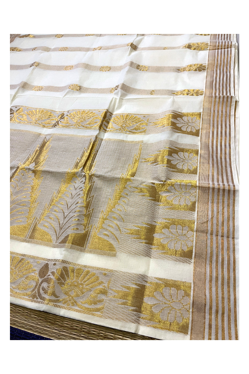 Kerala Kasavu Temple Heavy Woven Work Cotton Saree (Vishu Saree 2023)