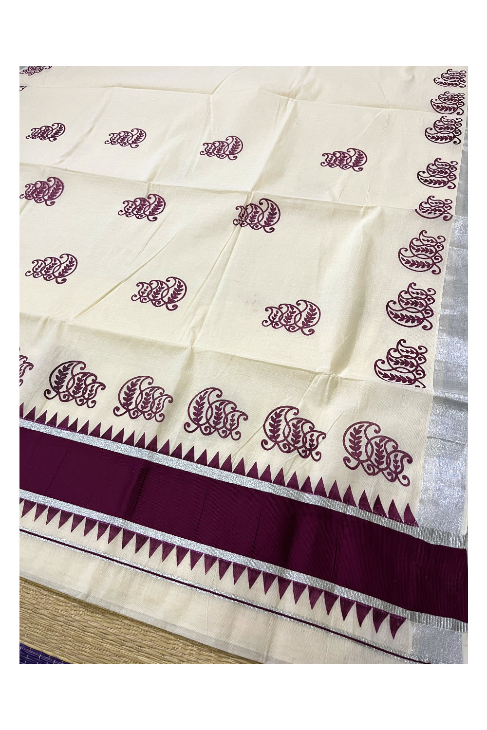 Pure Cotton Kerala Saree with Purple Paisley Block Prints and Silver Kasavu Temple Border (Vishu Saree 2023)