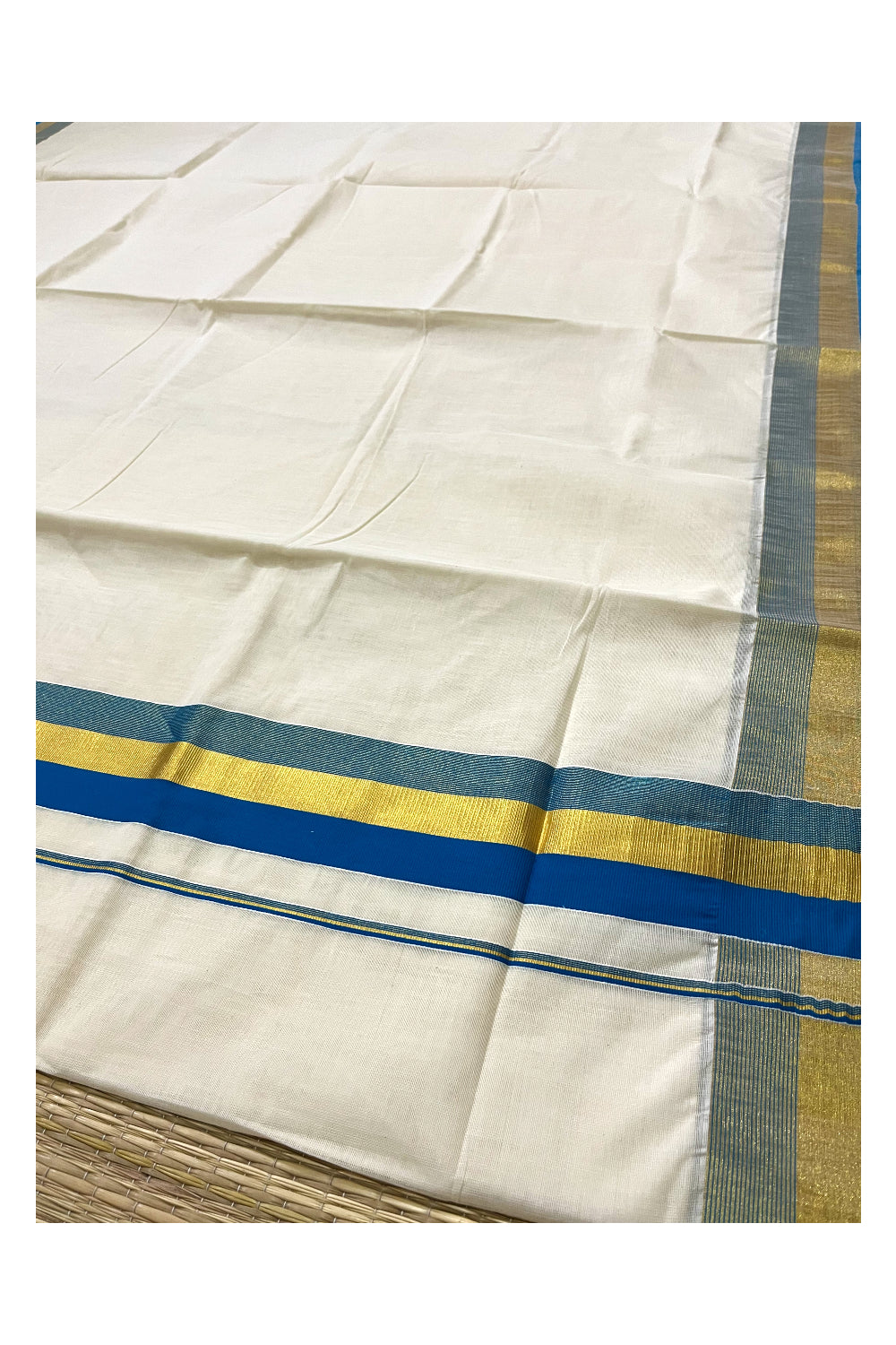 Kerala Pure Cotton Plain Saree with Kasavu and Blue Border