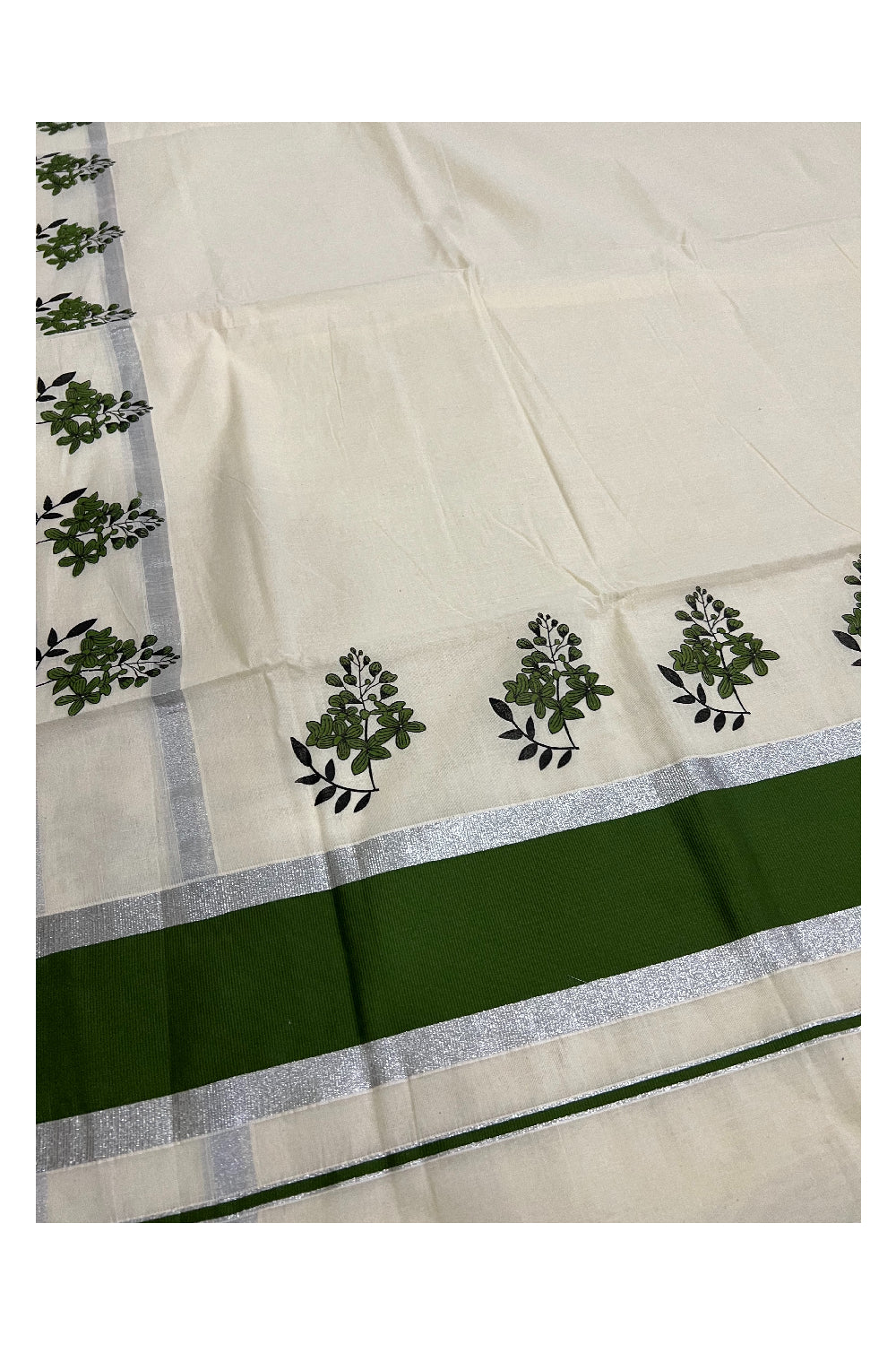 Pure Cotton Kerala Silver Kasavu Saree with Bottle Green Floral Block Printed Border