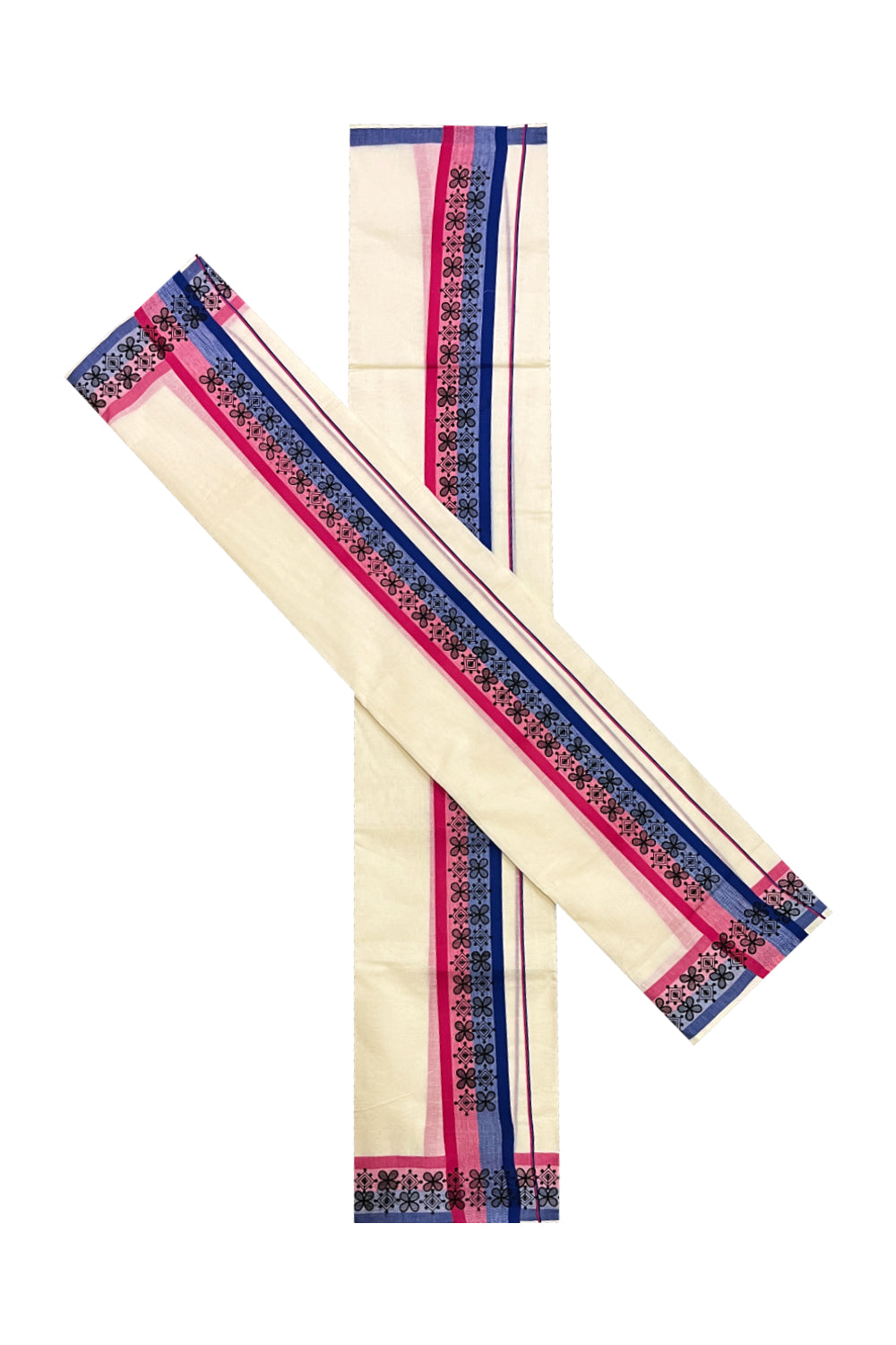 Kerala Cotton Single Set Mundu (Mundum Neriyathum Vishu 2023) with Black Block Prints on Pink Blue Border