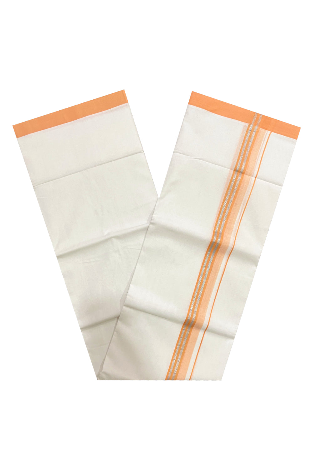 Pure White Cotton Double Mundu with Silver Kasavu and Orange Border (South Indian Dhoti)