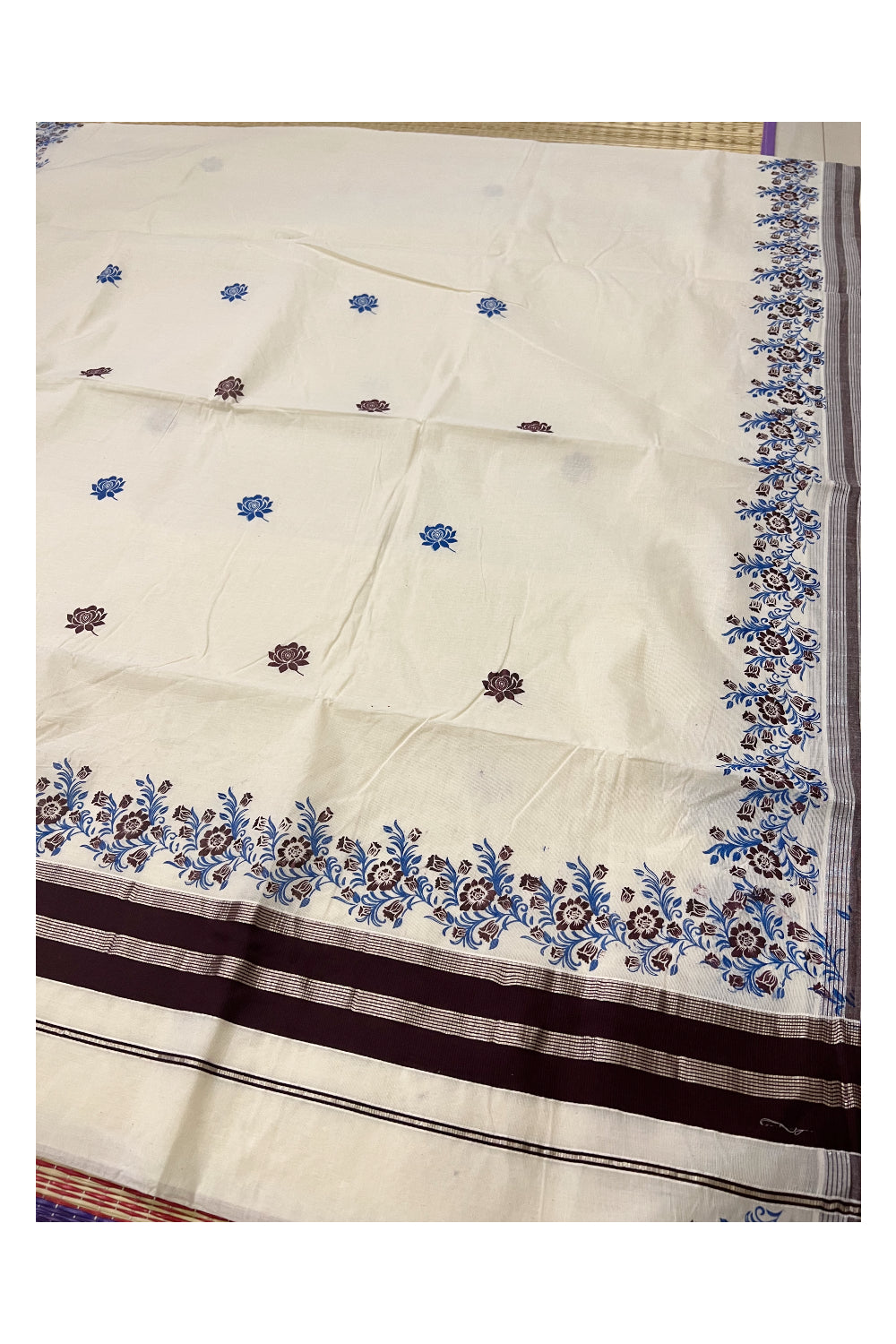 Pure Cotton Kerala Silver Kasavu Saree with Brown and Blue Floral Block Printed Design