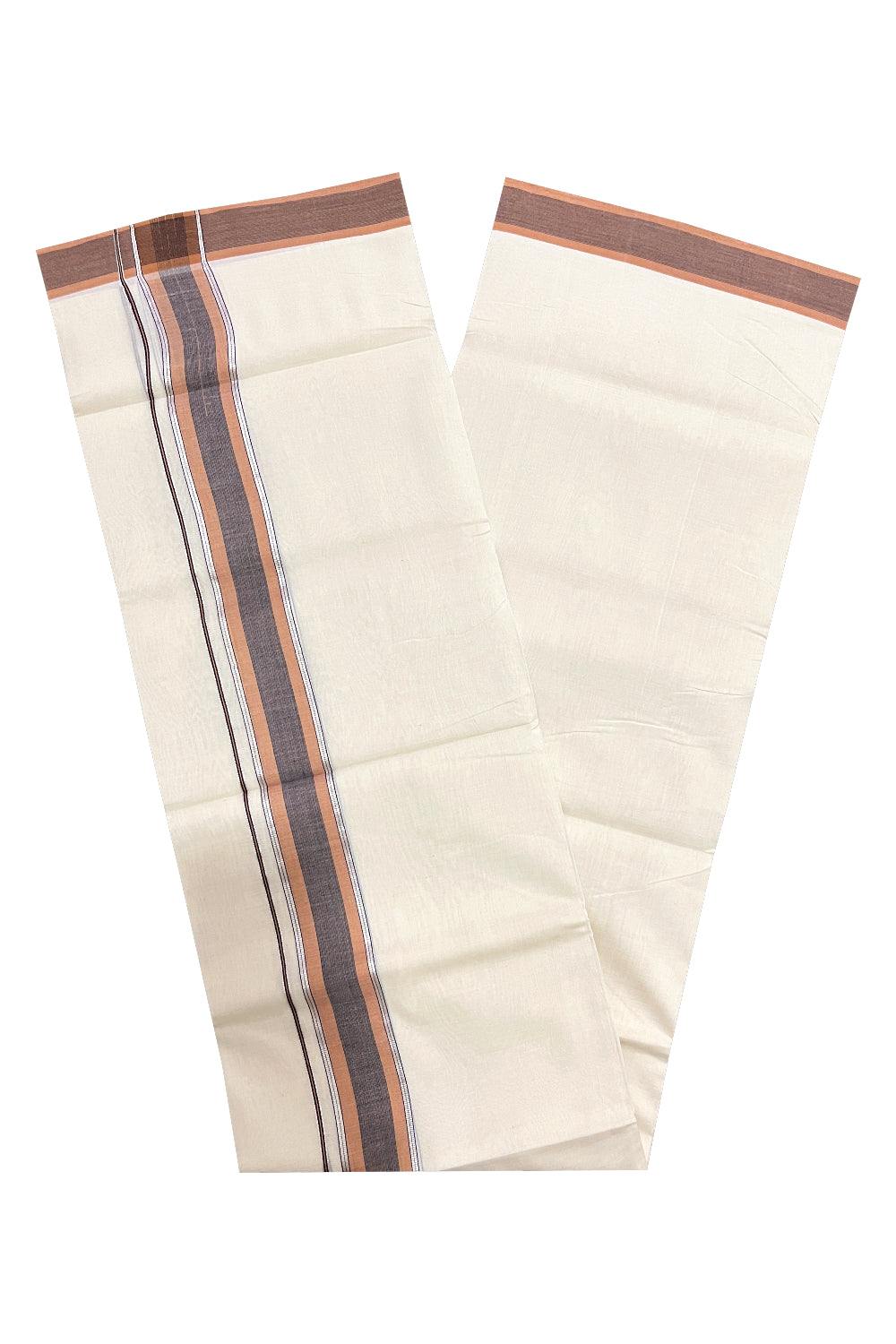 Southloom Premium Unakkupaavu Handloom Mundu with Silver Kasavu and Orange Border (South Indian Dhoti)