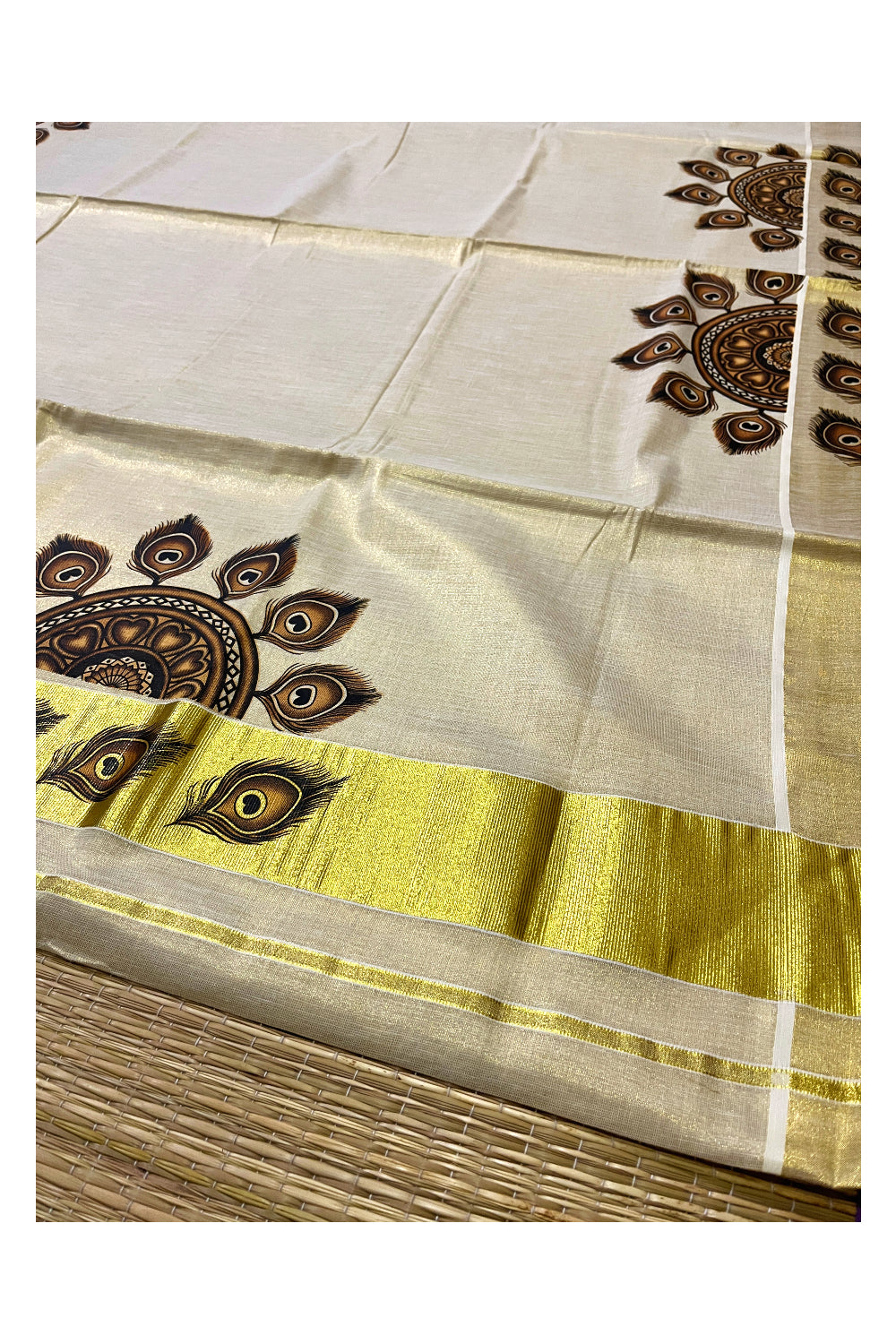 Kerala Tissue Kasavu Saree With Mural Semi Circle Feather Design and Printed Border