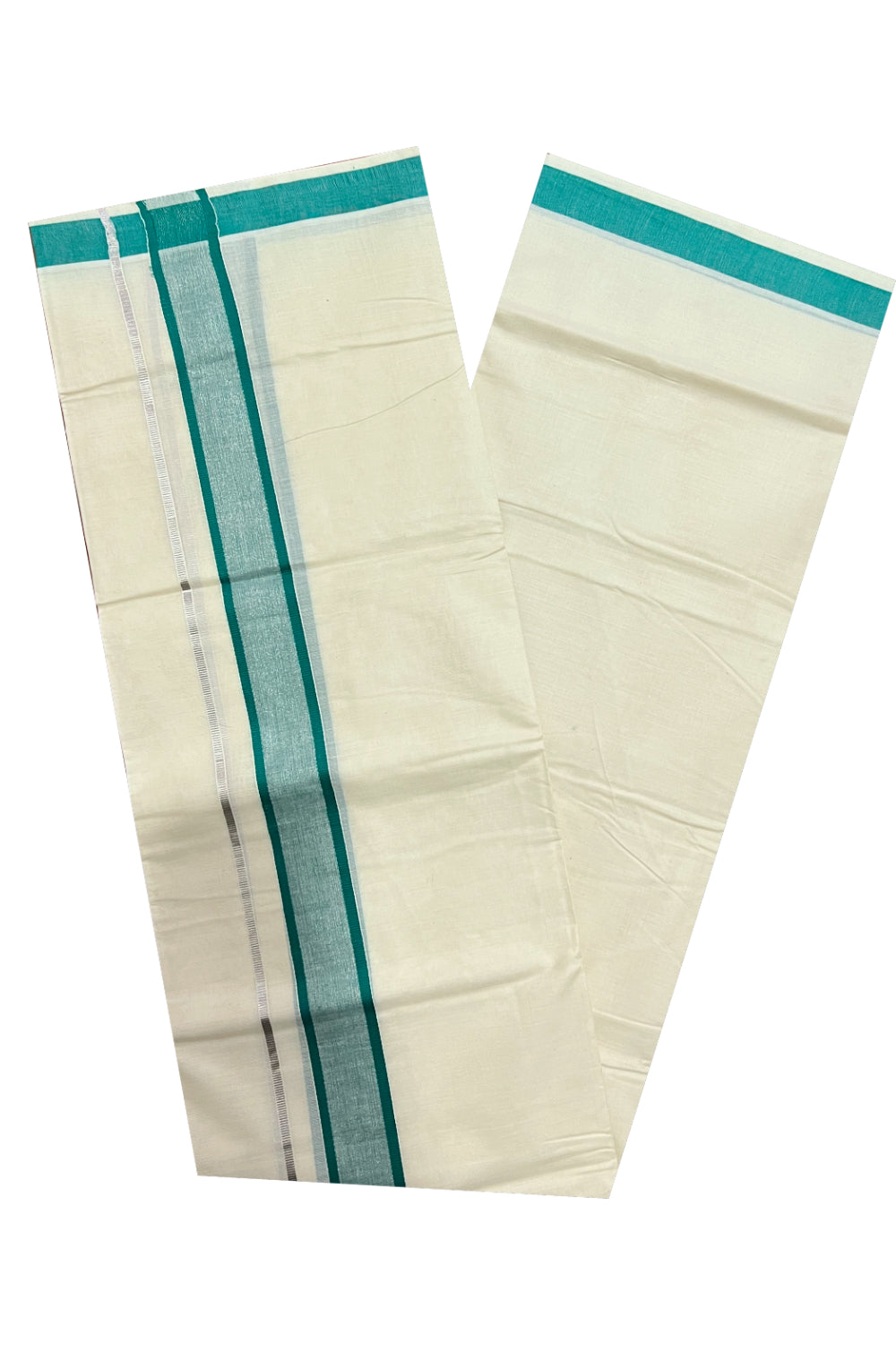 Pure Cotton Off White Double Mundu with Silver Kasavu and Green Border (South Indian Dhoti)