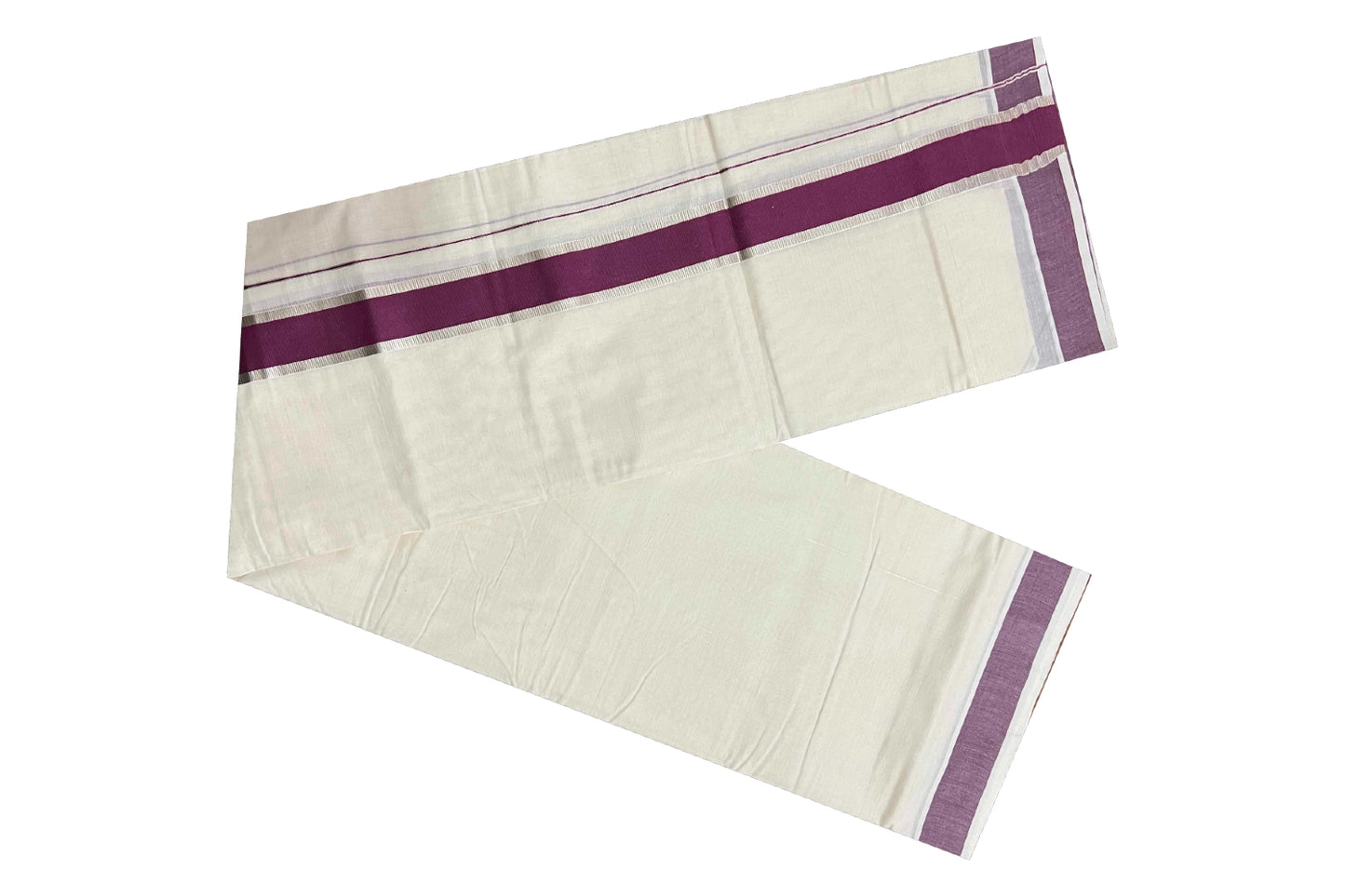 Off White Kerala Double Mundu with Silver Kasavu and Purple Border (South Indian Dhoti)