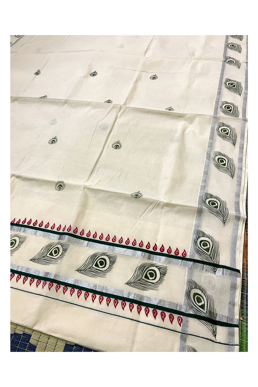 Pure Cotton Off White Kerala Saree with Green Block Prints in Silver Border (Vishu Saree 2023)